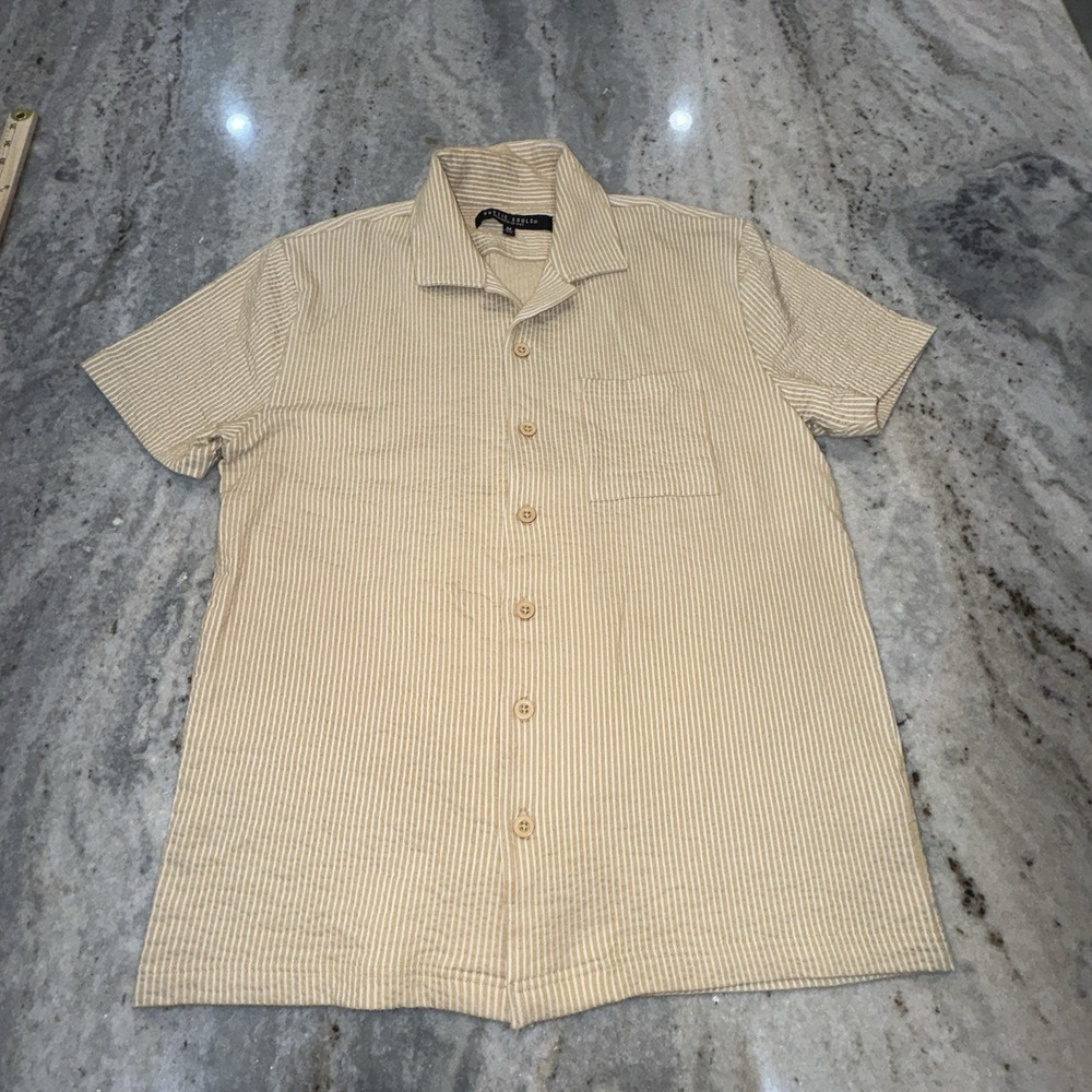 Rustic Souls Men's Medium Butter Yellow White Striped Button Down Short‎ Sleeve